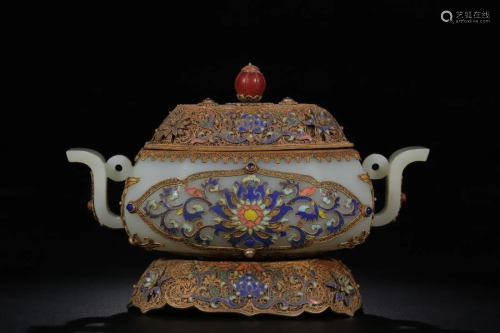 GILT SILVER ENAMEL INLAID JADE CARVING CENSER