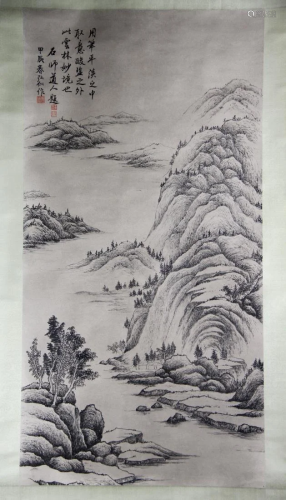 CHINESE INK PAINTING OF RIVER AND MOUNTAINS