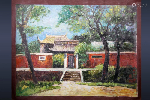 CHINESE OIL PAINTING OF A HOUSE LANDSCAPE