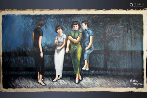 CHINESE OIL PAINTING OF FOUR WELL DRESSED LADIES
