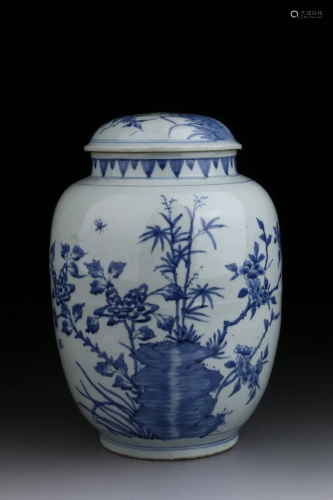 BLUE AND WHITE 'BIRD AND FLOWER' JAR WITH LID