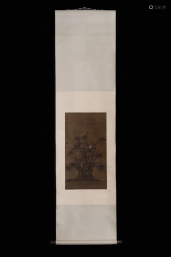 CHINESE PAINTING OF AN OLD PINE TREE IN SILK