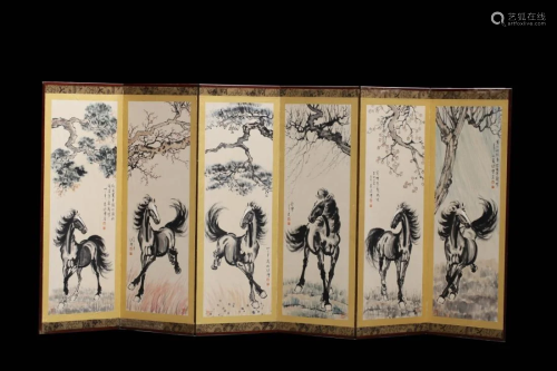 SET OF SIX SCREEN PAINTINGS OF TREE AND HO…