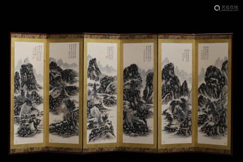 SET OF SIX SCREEN PAINTINGS OF MOUNTAIN L…