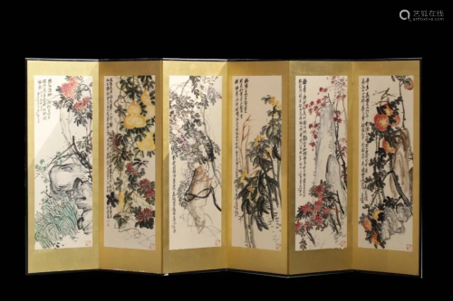 SET OF SIX SCREEN PAINTINGS OF FLOWER AND…