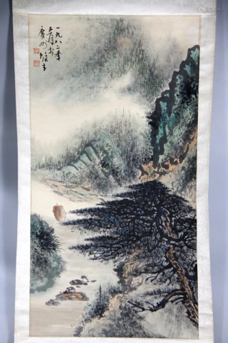 CHINESE PAINTING OF PINE TREES BY RIVER