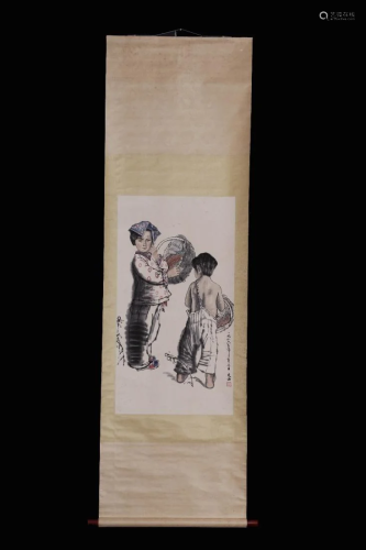 CHINESE SCROLL PAINTING OF TWO KIDS