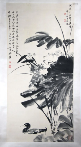 CHINESE INK PAINTING OF DUCK IN LOTUS POND