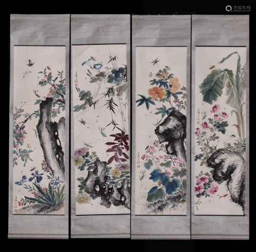 CHINESE FOUR PANEL PAINTINGS OF FLOWER AND…