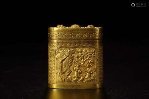 银鎏金錾刻人物故事烟丝盒