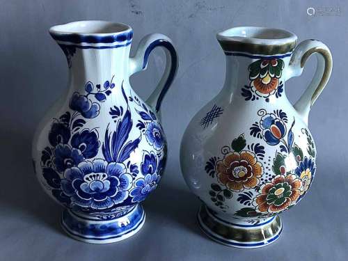 Royal Holland delft Polychrome  color/blue & white jugs set for 2