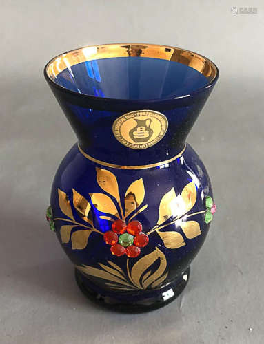 Cobalt blue 24k gold edge & pattern green & pink & red gem glass vase