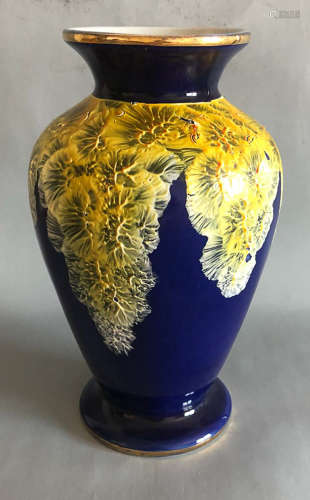 Brokat US Zone Bavaria Germany 24k gold edge cobalt blue yellow bas relief vase