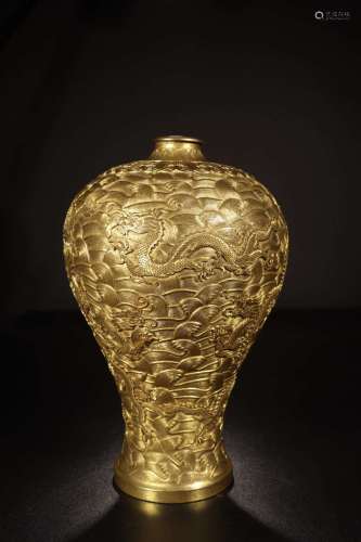 铜鎏金海水龙纹梅瓶