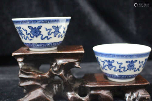 A Pair of Chinese Blue and  White Porcelain Cups