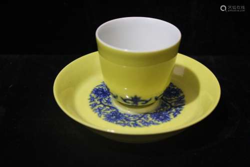 A Chinese Porcelain Yellow Glazed Cup with a Saucer