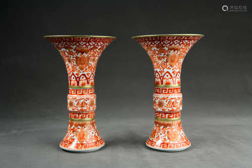 A Pair of Chinese Copper Red Gilt Porcelain Beaker Vases