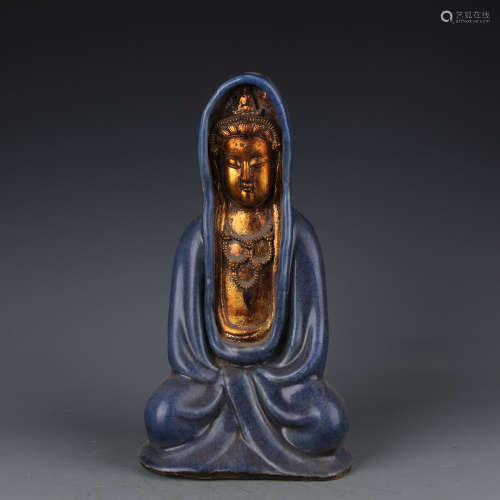 A Chinese Yuanji Blue Glazed Gold Porcelain Buddha