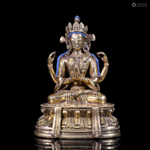 A Chinese Gilt Bronze Buddha Statue of Four-Armed Guanyin