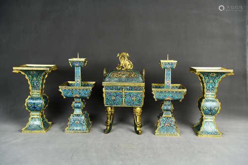 The 5 Pieces Set of Chinese Cloisonne Vessel