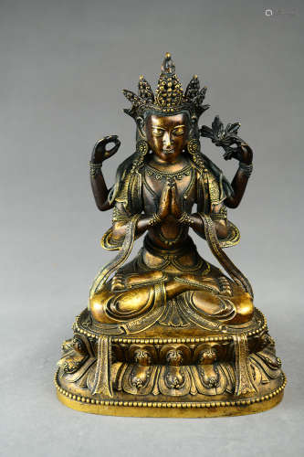 A Chinese Bronze Gilding Four-armed Guanyin