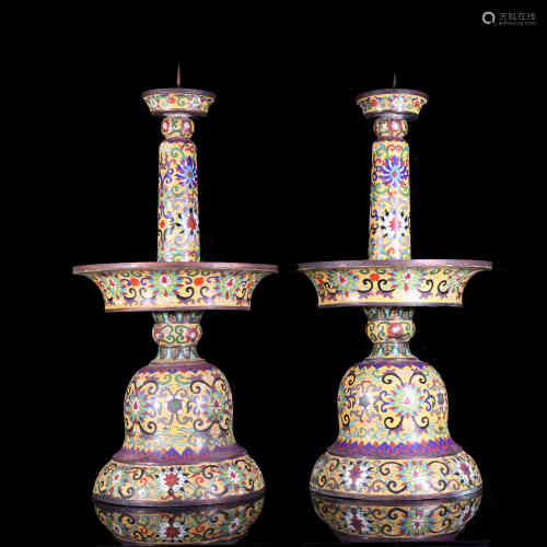A Pair of Chinese Cloisonne Candlesticks
