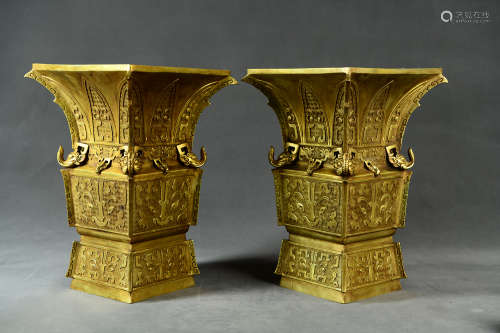 A Pair of Chinese Bronze Gilding Zun