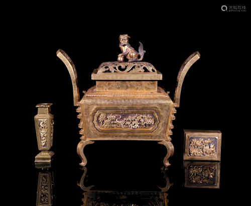 A Three-piece of Chinese Gilt Bronze Incense Burner