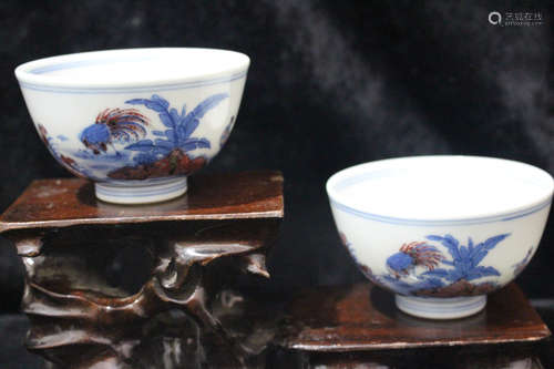 A Pair of Chinese Blue and  White Underglazed Red Porcelain Cups