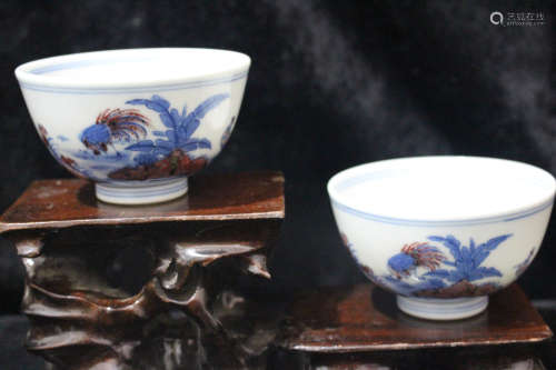 A Pair of Chinese Blue and  White Underglazed Red Porcelain Cups