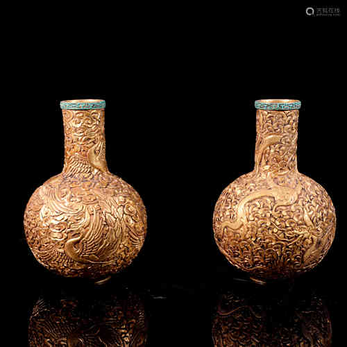 A Pair of Chinese Gilt Bronze Vases with Dragon and Phoenix Design