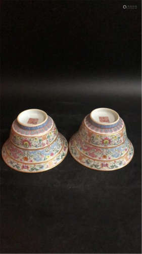 Pair Famille Rose Waisted Bowls Qing Dynasty. 
