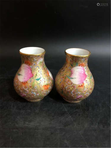 Pair Famille Rose Gilt Vases Qing Dynasty