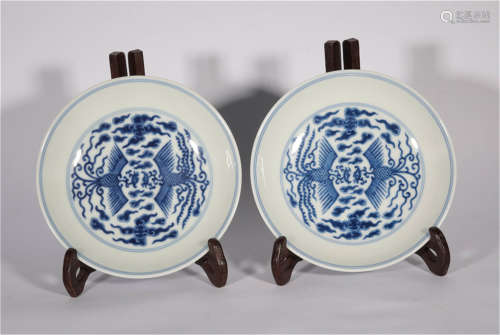 Pair Blue and White Dishes of Qing Dynasty Guangxu Period