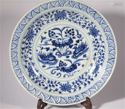A Blue and White Lotus Pond Dish of Yuan Dynasty