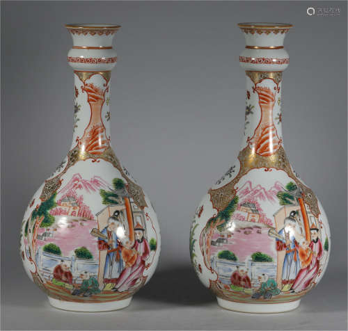 Pair Famille Rose Gilt Garlic Head Vases of Qing Dynasty