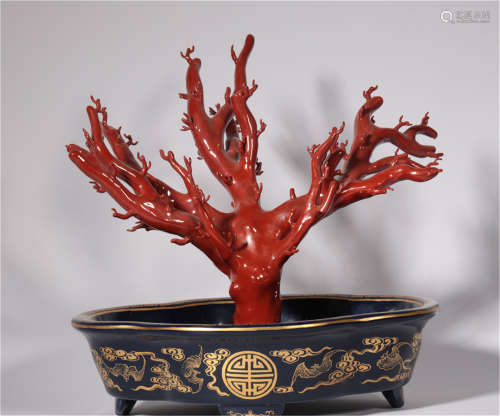 An Imitation Coral Porcelain Bonsai of Qing Dynasty