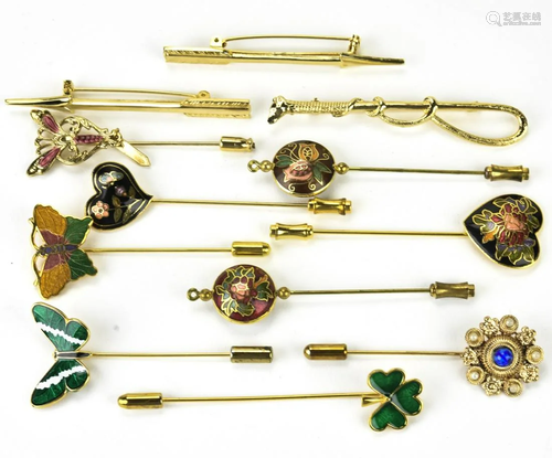 12 Mostly Vintage Costume Cloisonné Stick Pins