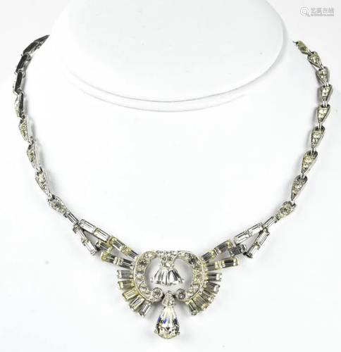 Unsigned Rhinestone Rhodium Pear Drop Necklace