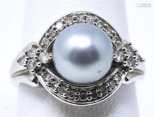 Estate 14kt White Gold Diamond & Pearl Ring