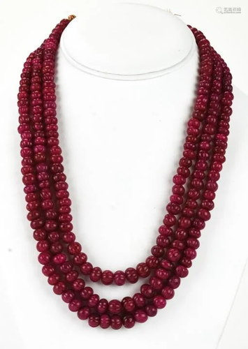 Hand Carved Triple Strand Ruby Bead Necklace