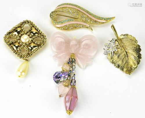 4 Costume Vintage Brooches incl Rose Quartz