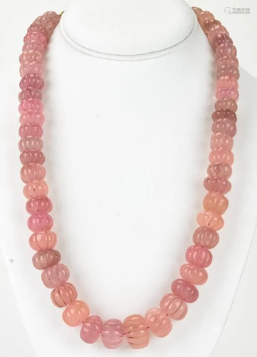 Hand Carved Graduated Rose Quartz Bead Necklace