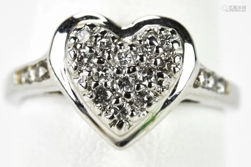 Vintage 14k White Gold Heart Ring W Pave Diamonds