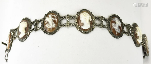 Vintage Sterling & Marcasite Cameo Panel Bracelet