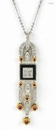 Art Deco Style Pendant 18K White Gold Diamond Ruby