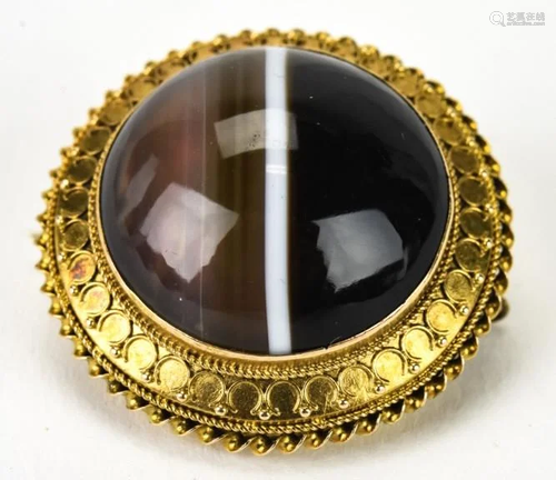 Victorian 14k Gold Banded Agate Memorial Brooch