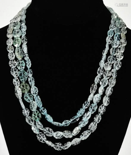 Triple Strand Carved Aqua Topaz Beaded Necklace