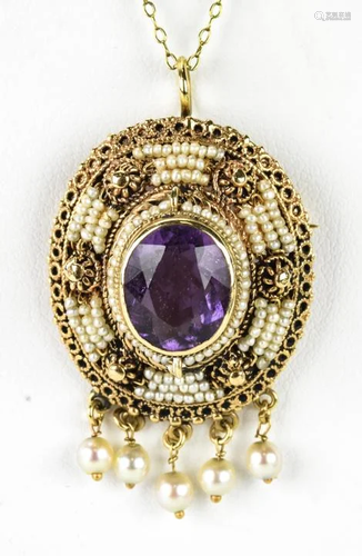 Antique 14k Gold, Seed Pearl and Amethyst Necklace