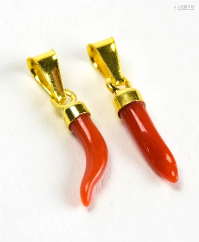 Pair Italian Neapolitan Coral Cornicello Pendants